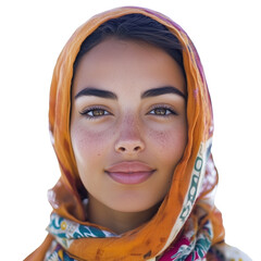portrait of a moroccan young woman, age 25, realistic skin, happy face expression, isolated on transparent background. Design element for poster, publicity.