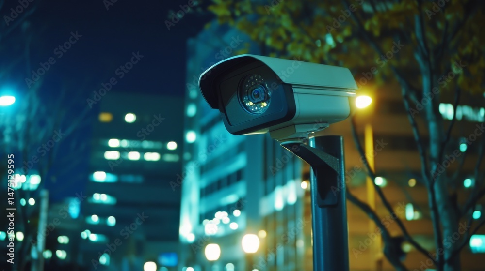 Poster an outdoor shot of a cctv camera monitoring a parking lot at night, illuminated by surrounding light