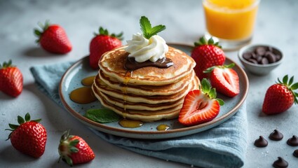 Morning breakfast of cottage cheese pancakes, syrniki, and ricotta fritters topped with honey, chocolate, and strawberries on a ceramic plate.