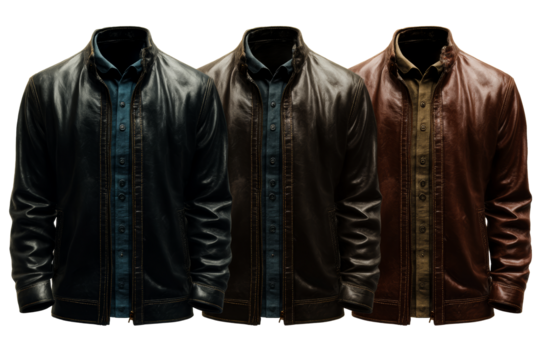 Fashionable leather jackets in multiple colors displayed together