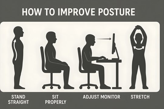 Instructions on improving posture, featuring standing straight, sitting properly, adjusting the monitor, and stretching. Concept 1, **Standing Straight**, .   - Keep your feet shoulder-width apart