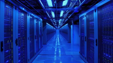 Fototapeta premium Server room hallway of data storage center technology on the blue theme. AI generated image