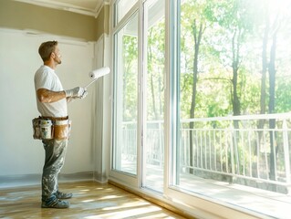 Man painting interior wall during home renovation. Genrative ai image