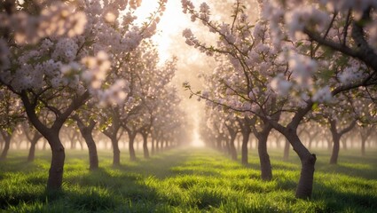 Cherry orchard flourishing with flowers in spring