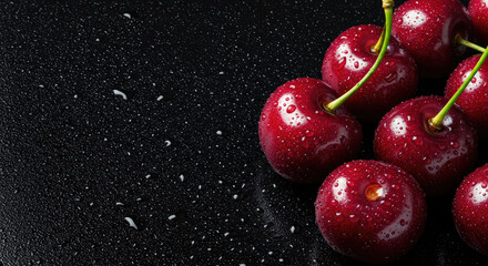 Luscious ripe cherries glistening wet dark background tempting juicy sweetness