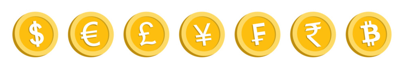 Golden coins with symbols of global currencies Dollar, Rupee, Euro, Yen, Pound, Franc, and Bitcoin. Ideal for finance, banking, forex, and cryptocurrency themes. Icons, vector.