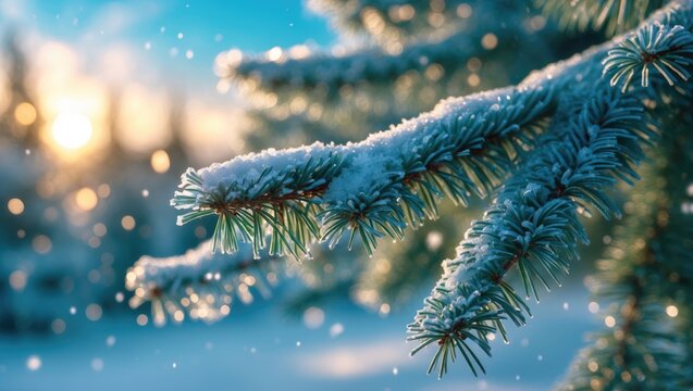 A close perspective of a frosted pine bough shining in the warm sun.