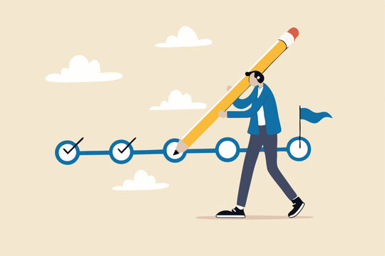 Project tracking, goal tracker, task completion or checklist to remind project progress concept, businessman project manager holding big pencil to check completed tasks in project management timeline.
