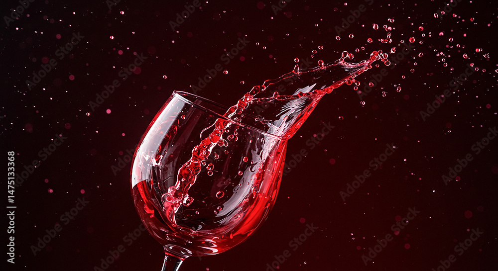 Poster wine splashing out of glass on dark red background