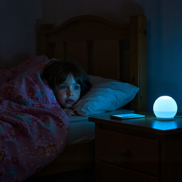 Scared little girl hiding under blanket in bed at night with glowing nightlight nearby