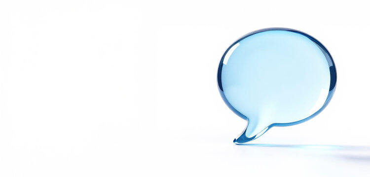 Glass blue transparent 3D figure speech bubble chat isolated on white background, icon, space for text