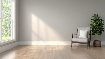 Sunlit Modern Interior: Armchair, Plant, and Window Creating a Minimalist Living Space with Bright Natural Light.
