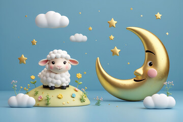 Obraz premium Adorable 3D Render of a Lamb and Golden Crescent Moon Under a Starry Night Sky
