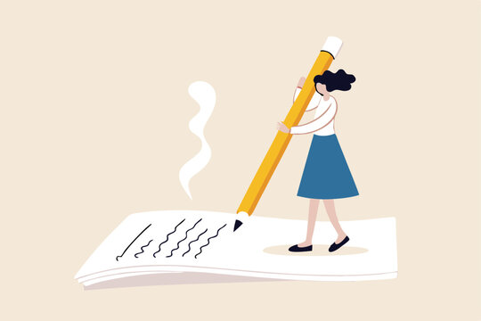 Content writer, blogger, bullet journalist or publishing editor concept, young smart woman freelance holding big pencil thinking and writing content on notepad paper with cup of coffee.