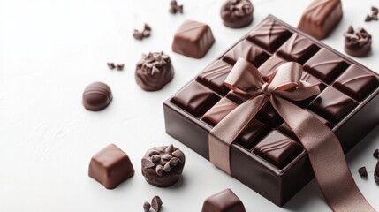 A beautifully wrapped chocolate gift box with a ribbon, placed on a clean white surface, showcasing an elegant and thoughtful gift option.