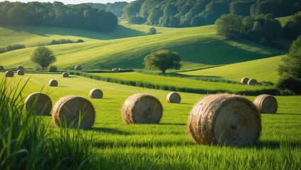 Summer scenery in Wisconsin featuring farm fields, round hay bales, and a natural landscape background
