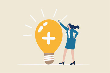 Positive thinking, optimistic bring success to work and living, inspiration and happiness in work concept, cheerful businesswoman standing with bright lightbulb idea with positive sign.