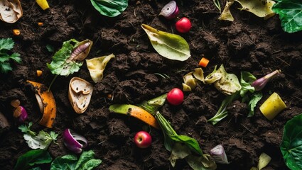 Composting kitchen scraps and vegetable waste into organic fertilizer earth through a vertical composting pile of decomposing organic matter
