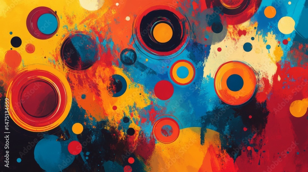 Aufkleber A bold and colorful abstract background with overlapping circles and dynamic splashes of color, capturing a playful and energetic visual impact.
