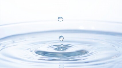 Crystal clear water droplets falling into still water surface, creating smooth ripples, symbol of purity, calmness, and natural beauty, fresh and tranquil moment