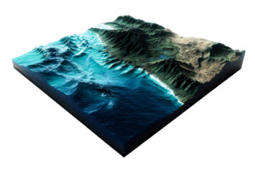 3D representation of ocean waves and coastal mountains