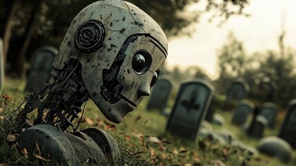 Gray metallic robot head in a cemetery setting.