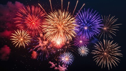 Obraz premium Bright pyrotechnic display with fireworks on a dark backdrop