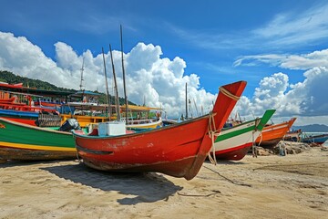 Fototapeta premium Colorful fishing boats on a sunny beach