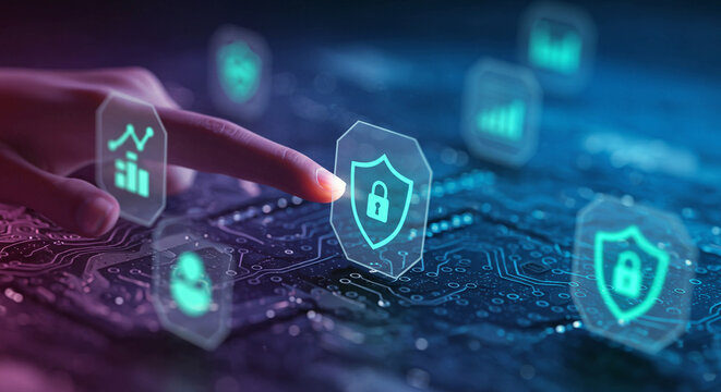 A finger interacts with holographic security icons against a circuit board background, symbolizing digital protection and data management. - Powered by Adobe