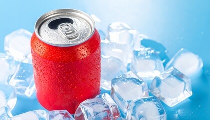 Refreshing drink in can on ice cubes