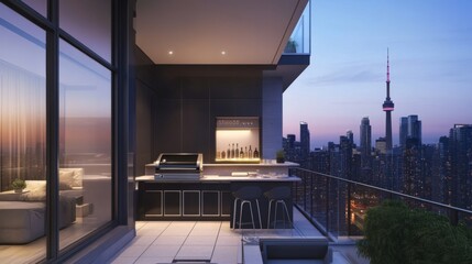 A chic urban balcony with a modern grill, bar stools, and a small outdoor bar setup, ideal for hosting summer gatherings and enjoying a city skyline.