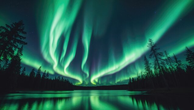 Authentic Images of Green Aurora and Fir Tree Silhouettes