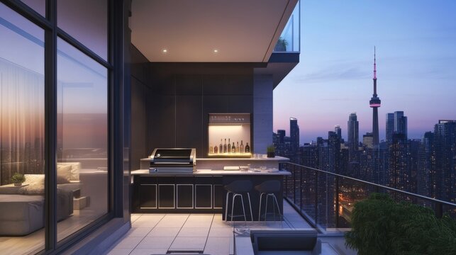 A chic urban balcony with a modern grill, bar stools, and a small outdoor bar setup, ideal for hosting summer gatherings and enjoying a city skyline.