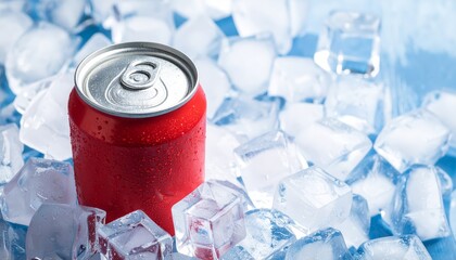 Refreshing drink in can on ice cubes