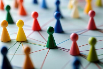Colorful Game Pieces Representing Network Connections and Social Media Links Overhead Shot