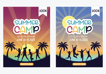 Summer camp clipart template set. Summer camp invitation card clip art design for holiday fun activities flyers and poster collection vector illustration