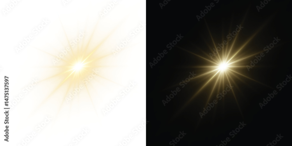 Fototapete light rays of light horizontal golden color with glare and flashes isolated on a transparent backgro