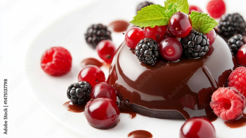 Poster a close-up of a chocolate dessert with a glossy ganache, garnished with fresh berries and mint, set 