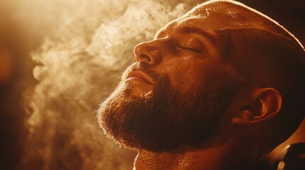Close-up view of a man's face with a thick beard and smoke.