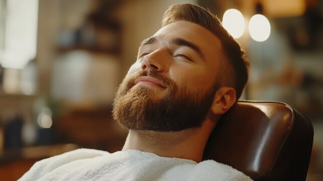 Relaxed man with a beard resting in a barbershop chair.