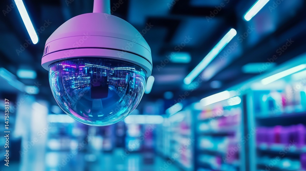 Poster A close-up of a dome-shaped CCTV camera installed in a retail store, with reflections of products visible on the camera lens, emphasizing security in shopping environments.