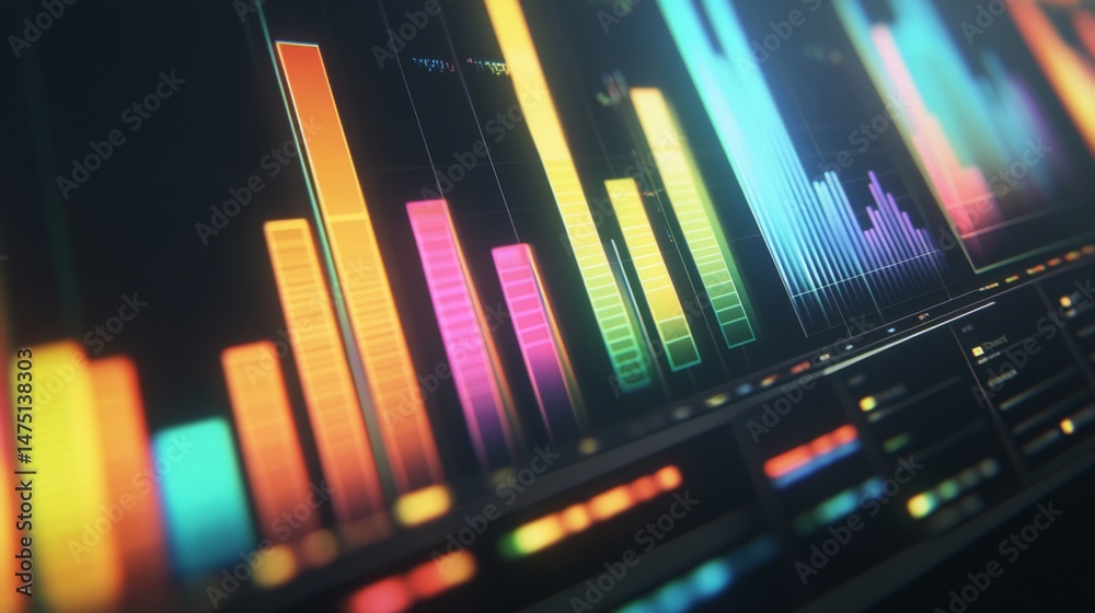 Poster a close-up of a financial bar chart on a computer screen, showing different data categories with col