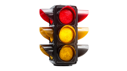 Traffic light with red, yellow, and green on clear bg