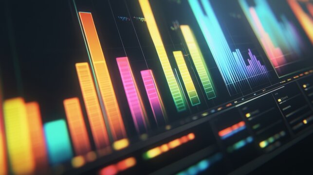 A close-up of a financial bar chart on a computer screen, showing different data categories with colorful bars, set in a modern office environment. - Powered by Adobe