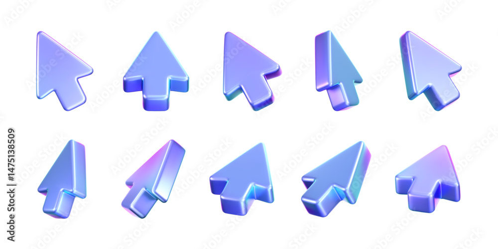 Wall mural 3d holographic arrow cursor icon set with a neon gradient, isolated on a dark background. render of 