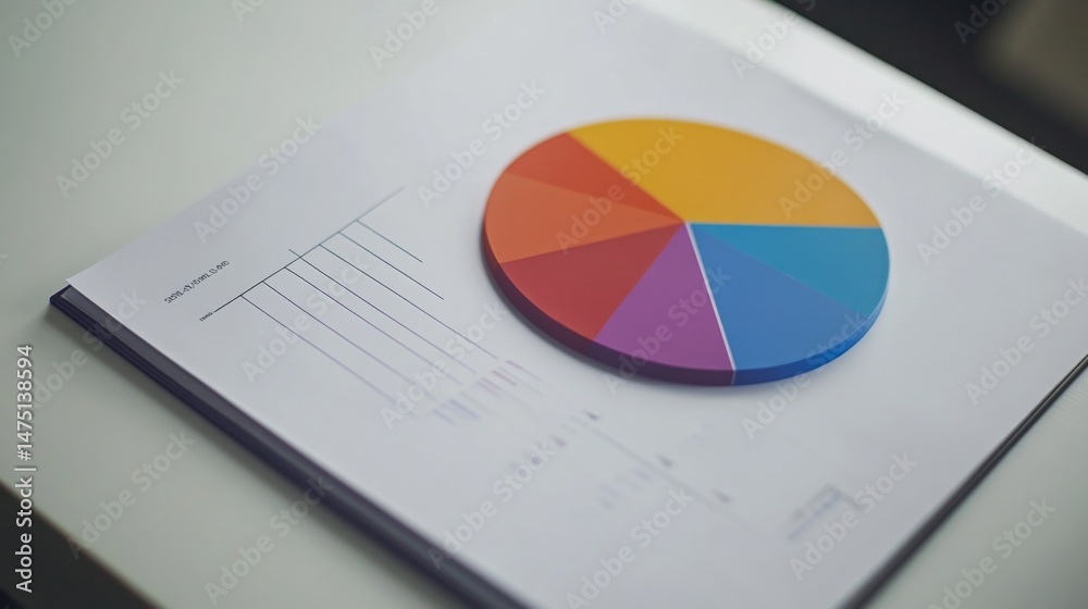 Aufkleber A close-up of a financial pie chart on a printed report, with distinct color segments representing different financial categories, placed on a clean white desk.