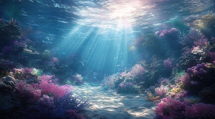 Fototapeta premium Sunbeams illuminate vibrant coral reef, teeming with marine life (1)