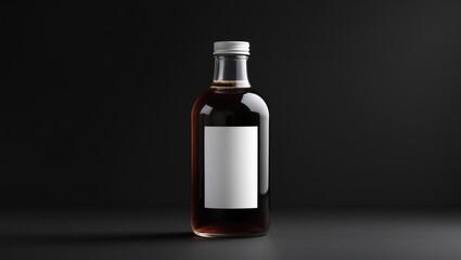Black background showcasing a glass bottle of iced cold brew with a blank label, ready-to-drink coffee beverage