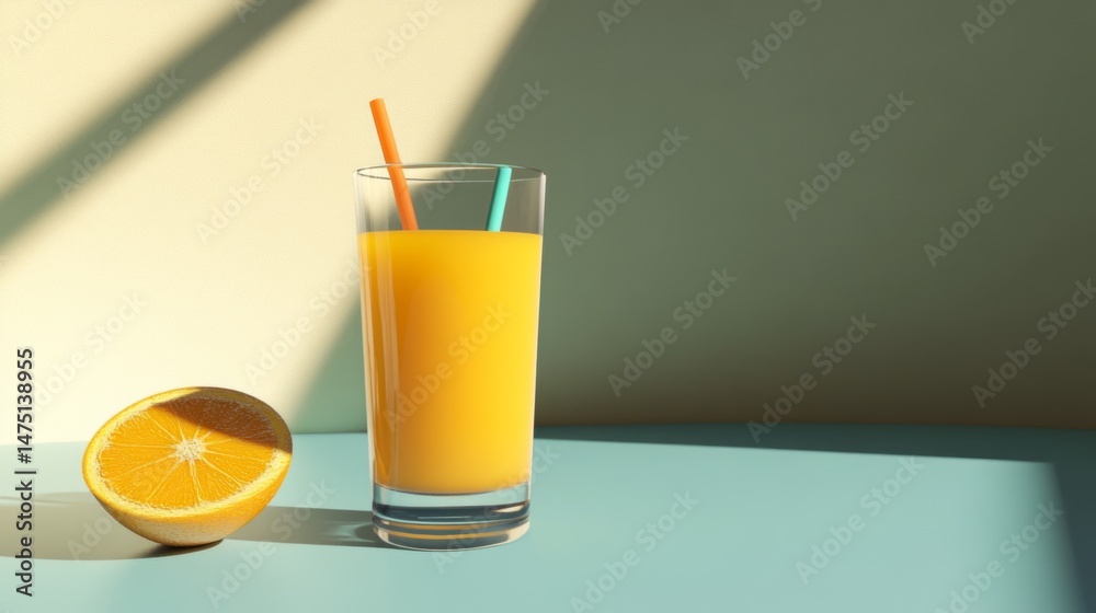 Poster a close-up of a glass of orange juice with a colorful straw, placed on a sunlit table, highlighting 