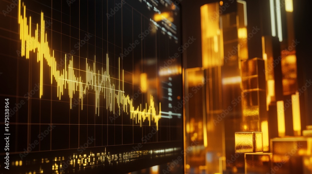 Aufkleber A close-up of a gold price chart displayed on a computer screen, showing fluctuating data and trends with gold bars in the background, emphasizing market analysis.